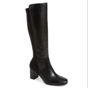 NEW! Paul Green knee high heeled black leather boots stretch back US 7.5- UK 5
